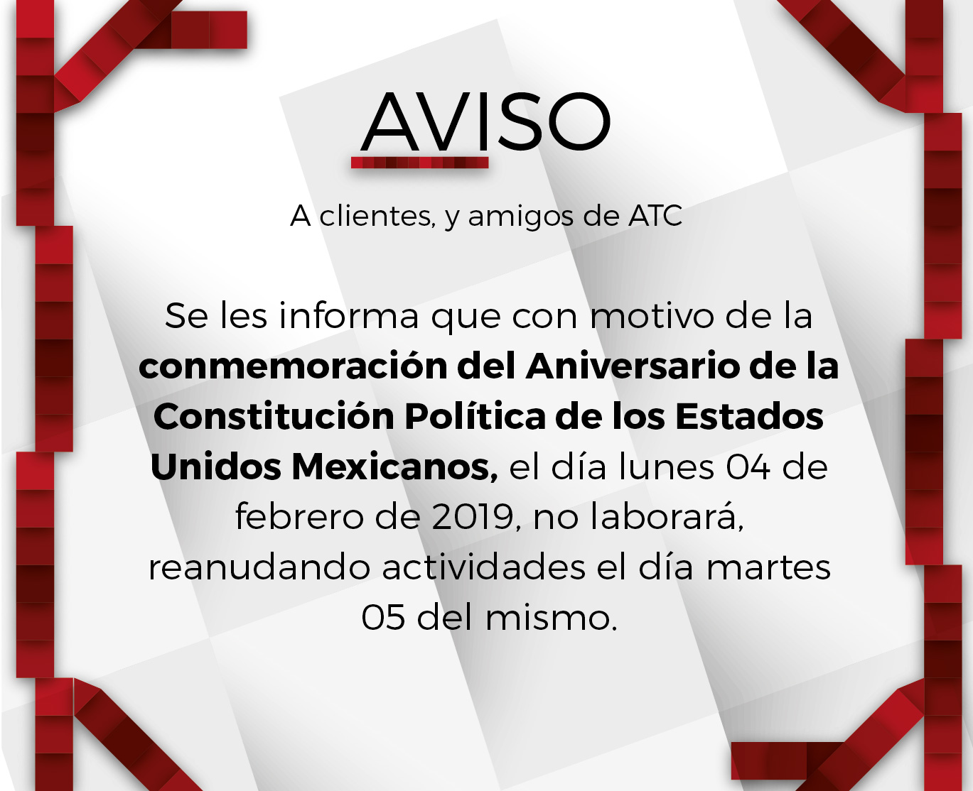 AVISO IMPORTANTE, SUSPENSIÓN DE LABORES, 04 de Febrero